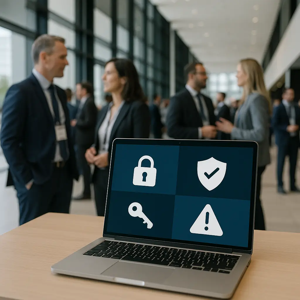 Professional conference attendee reviewing laptop security settings at a crowded networking event