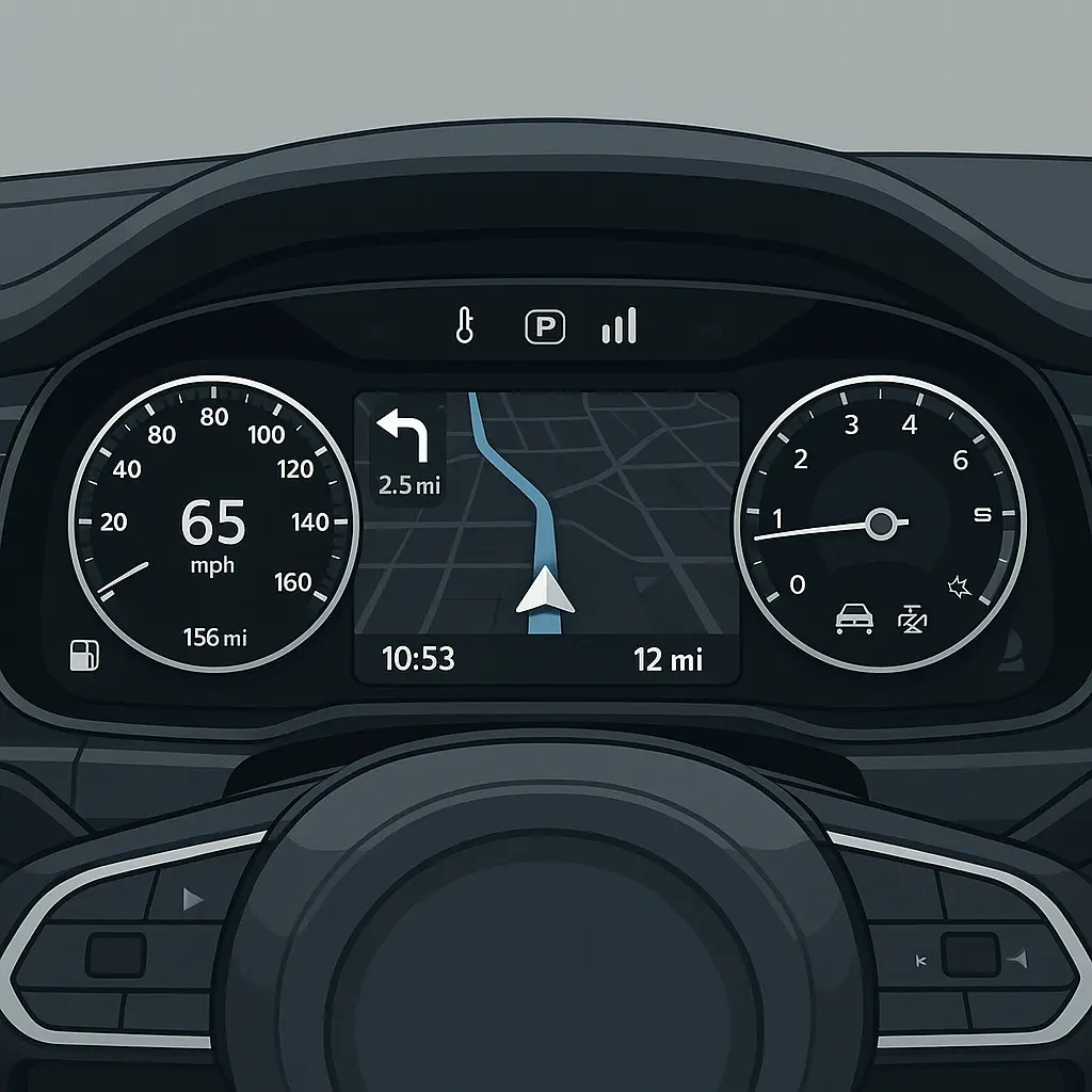 Dashboard display showing multiple data streams from vehicle sensors and connectivity systems