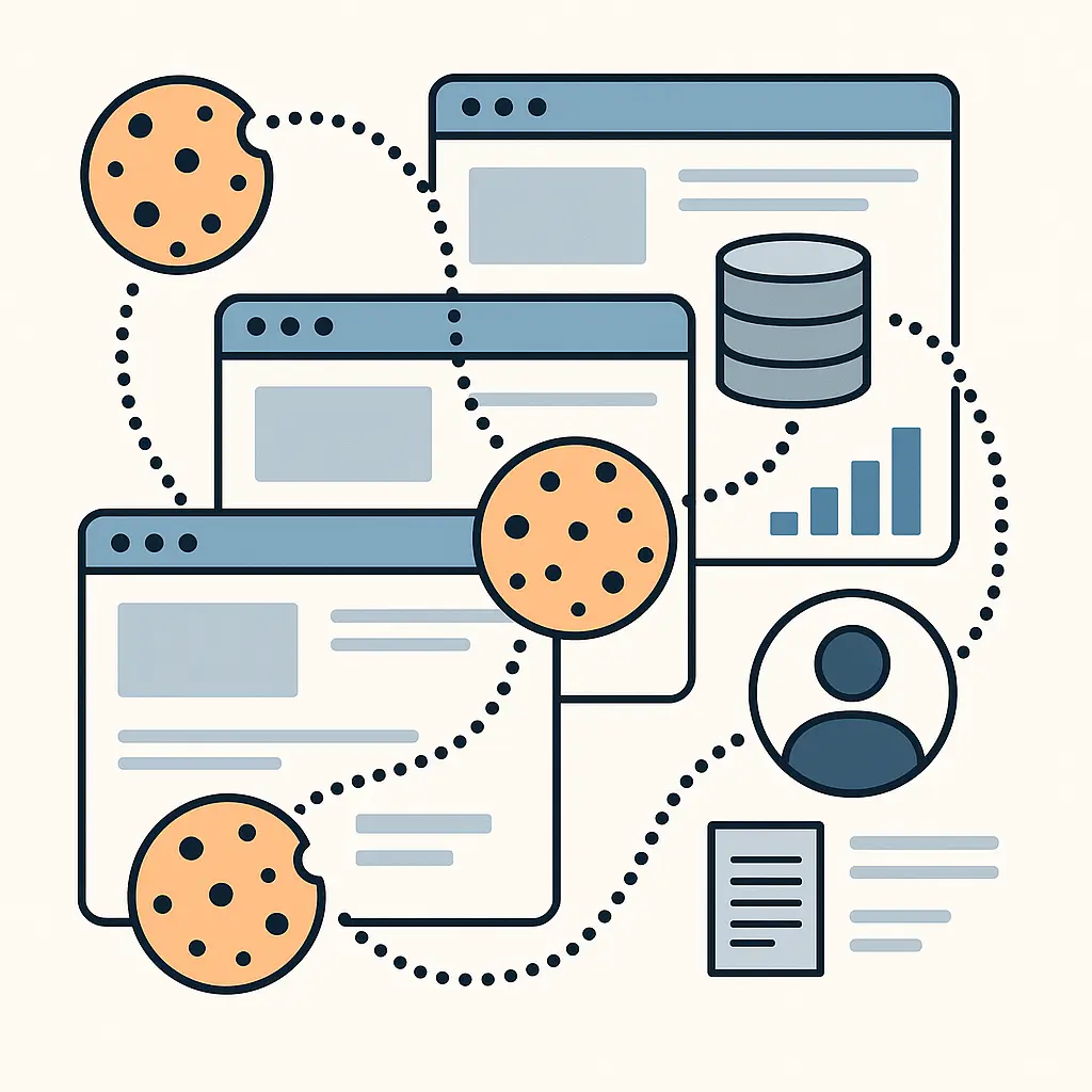 Abstract visualization of tracking cookies following a user across multiple website windows
