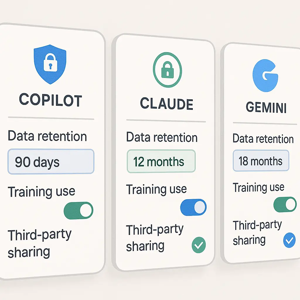 Privacy comparison matrix showing Copilot, Claude, and Gemini with checkmarks and X marks across retention, training, and sharing criteria