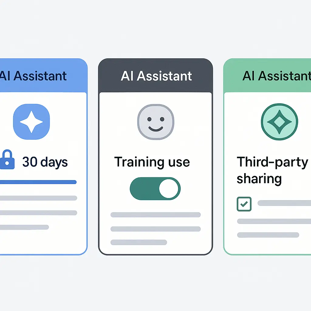 Three abstract AI assistant interfaces side by side, each with different privacy indicators showing data retention, training use, and sharing settings
