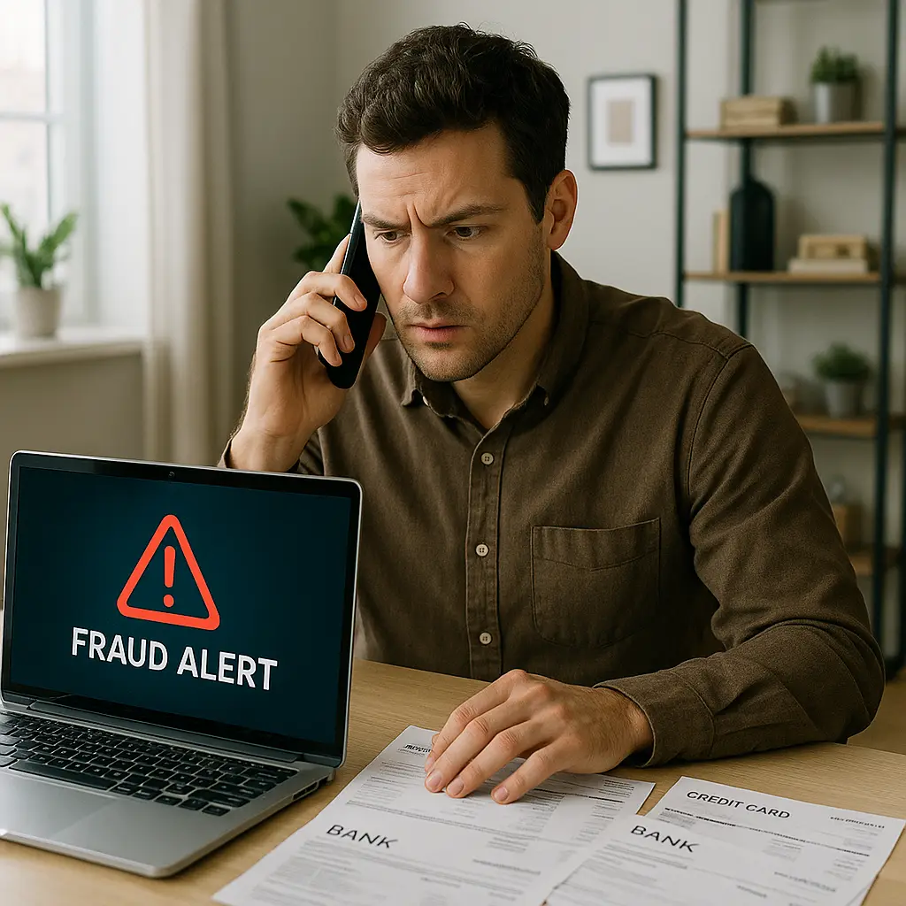 Hand holding phone displaying fraud alert notification with credit card on desk