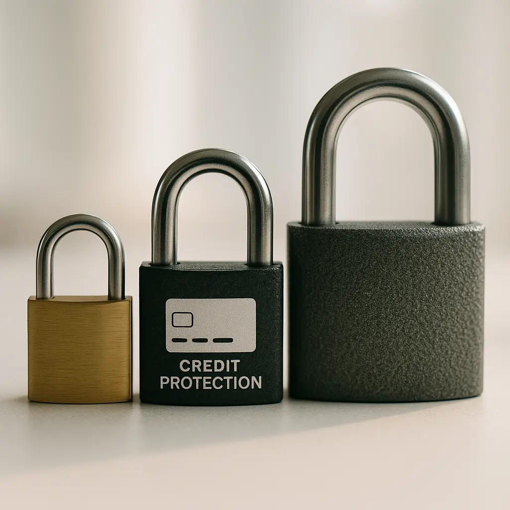 Three padlocks of different sizes arranged side by side, representing credit freeze, fraud alert, and credit lock protection options