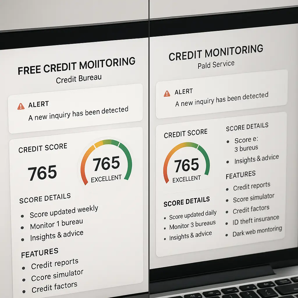 Split-screen comparison showing free bureau monitoring dashboard next to paid third-party service interface with feature differences highlighted