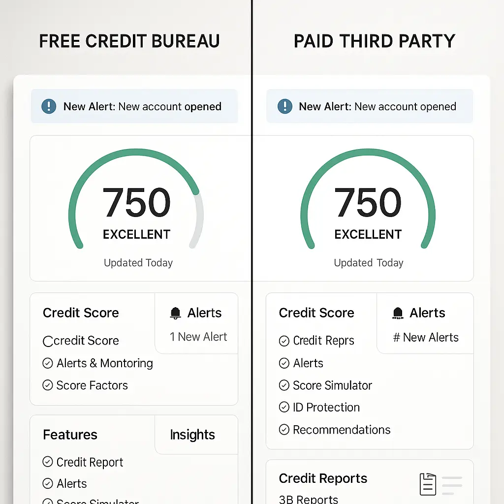Three credit bureau logos side by side with notification icons showing different alert types and monitoring coverage levels