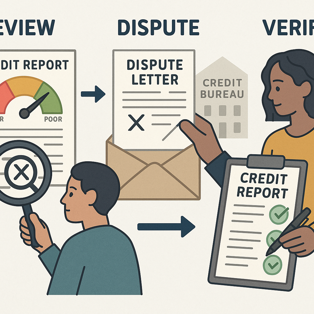 Person reviewing credit report documents with magnifying glass, highlighting errors