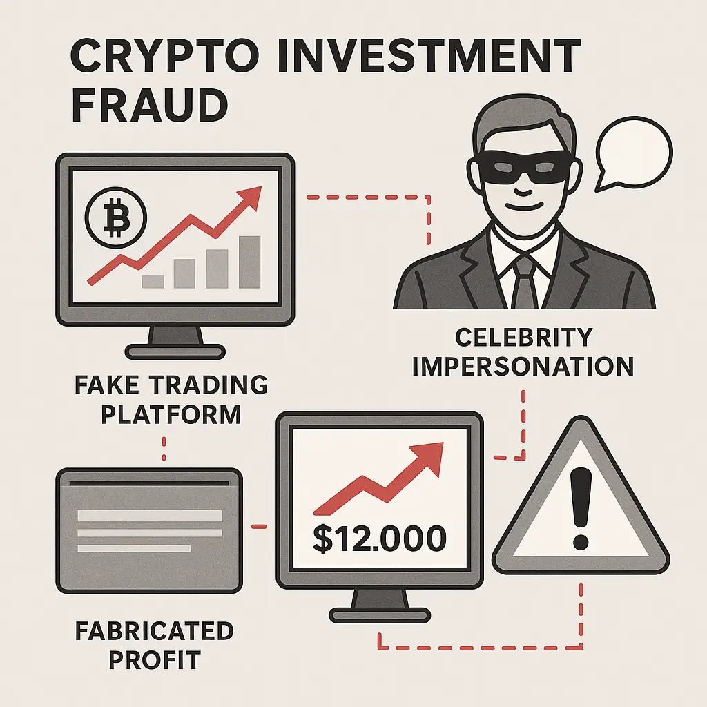 Laptop screen showing a fake crypto trading platform with fabricated profit charts and deposit buttons, overlaid with warning symbols