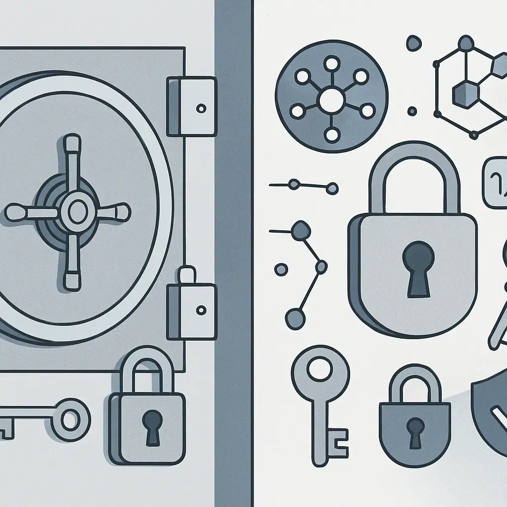 Split-screen showing a traditional bank vault on one side and a digital key icon on the other