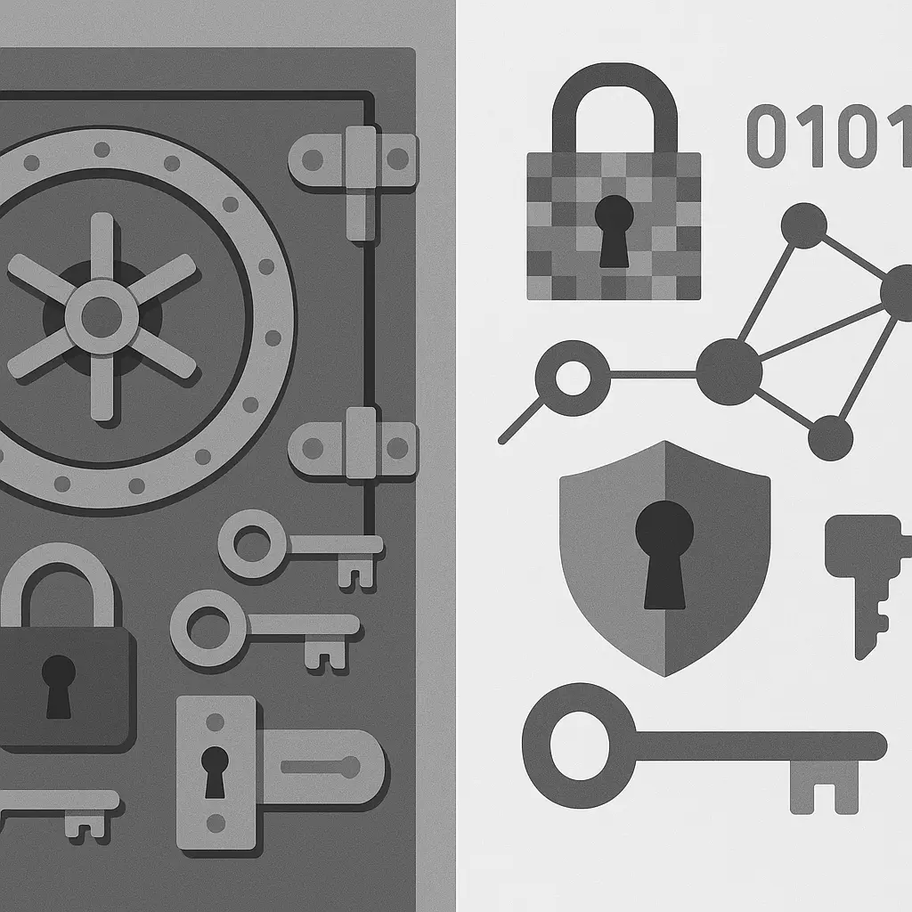 Abstract illustration showing a physical key floating above a digital interface with blockchain network nodes