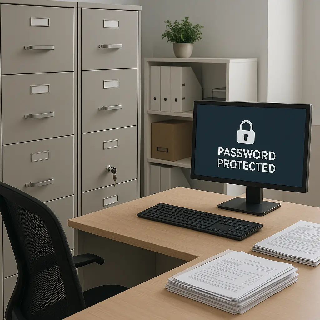 A clean desk with a closed laptop and a locked drawer, symbolizing secure data handling practices