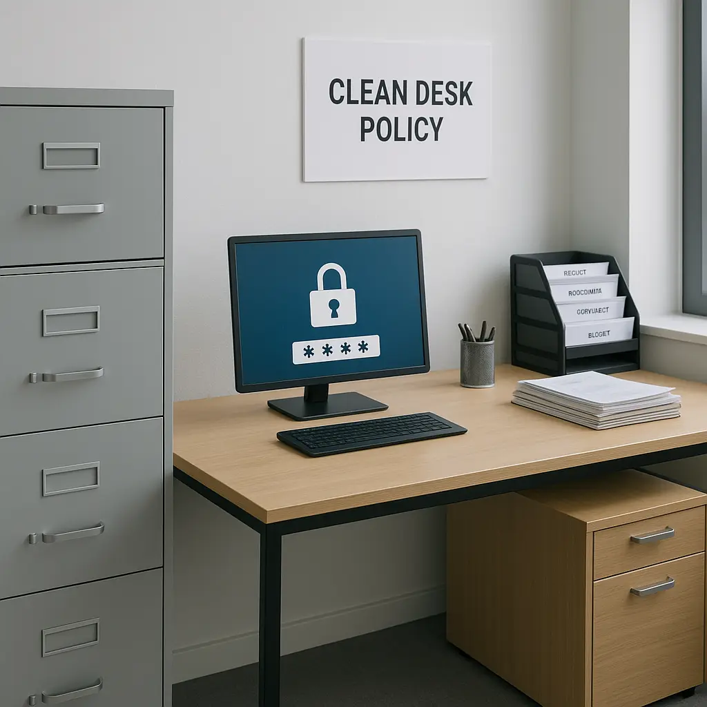 A desk with customer files, a locked filing cabinet, and a laptop showing a secure login screen
