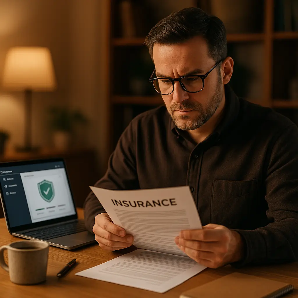 Insurance policy checklist with coverage items highlighted next to business security equipment
