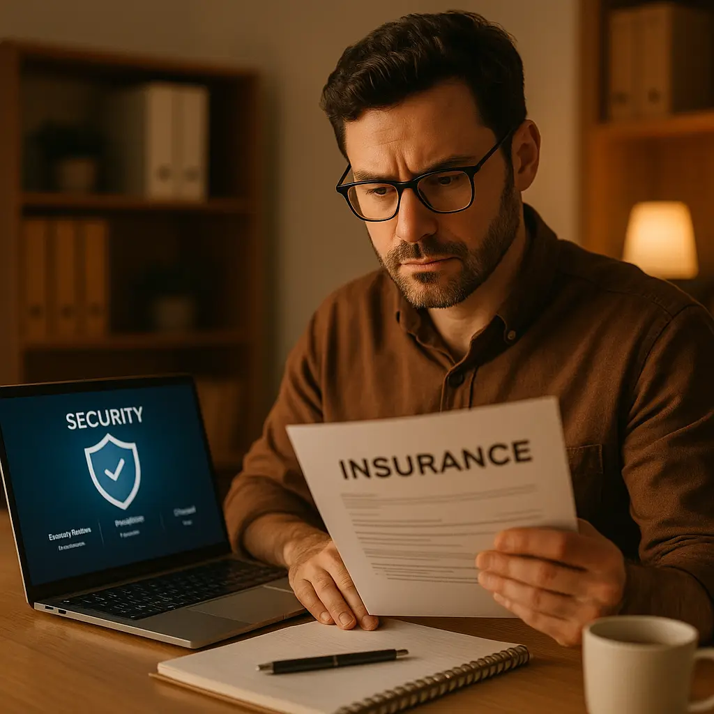 Small business owner reviewing cyber insurance policy documents at desk with laptop and coffee
