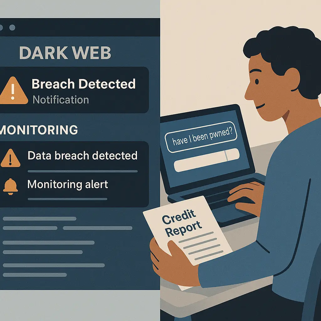 Split screen comparing dark web monitoring alerts with manual breach checking workflow