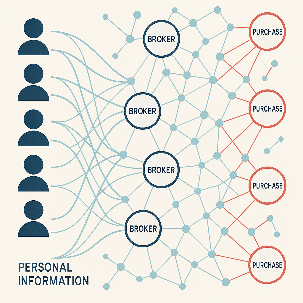 Flowchart showing paths from data collection through broker networks to consumer control mechanisms