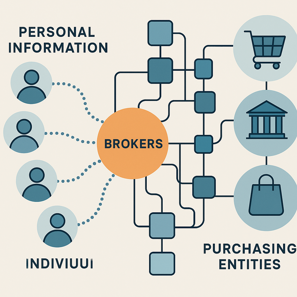 Abstract visualization of data flowing from individual profiles through broker networks to purchasing companies