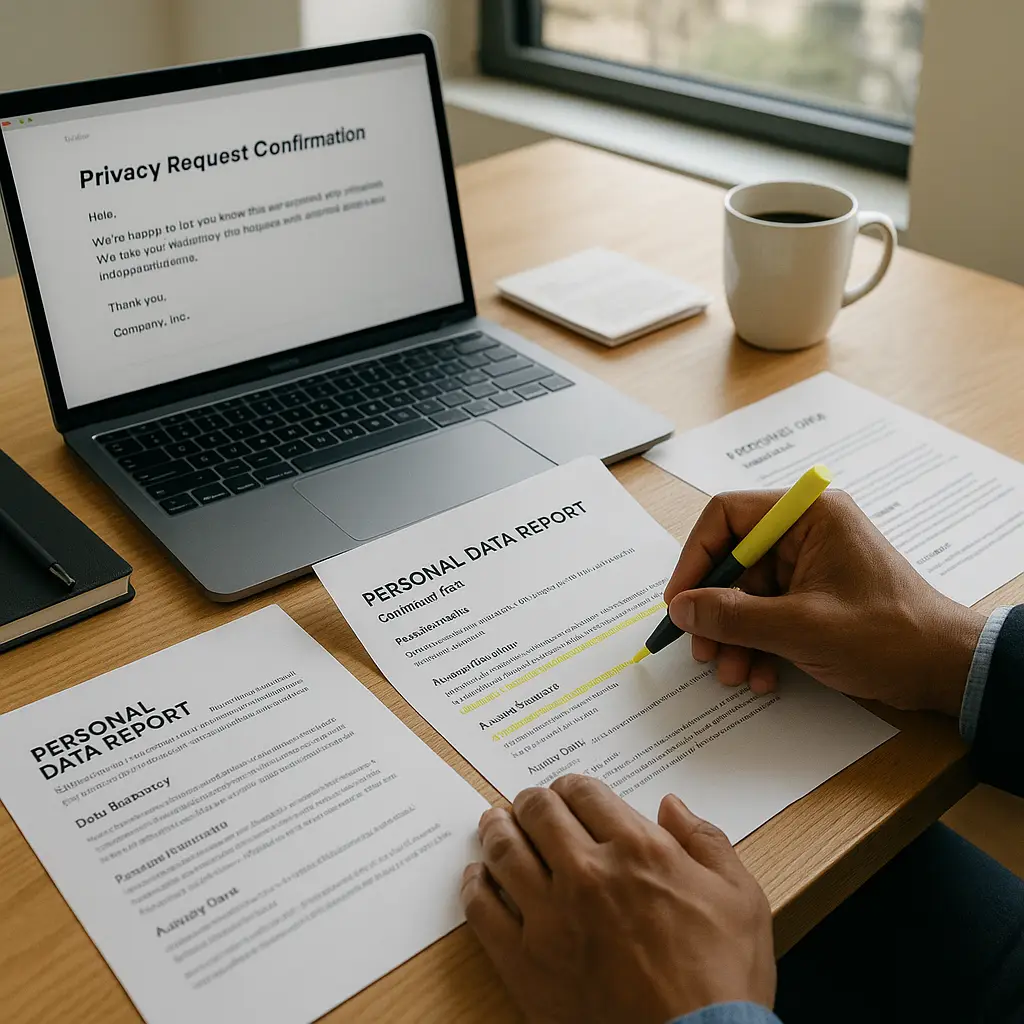 Stack of privacy request response documents with highlighted sections