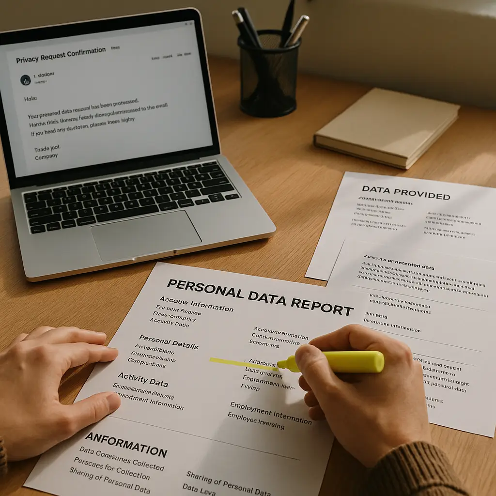 Person reviewing printed data report at desk with laptop showing privacy request form
