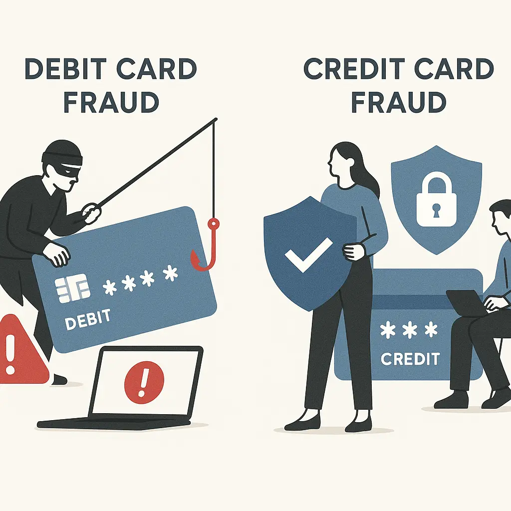 Split screen showing a debit card holder with an empty checking account versus a credit card holder reviewing a dispute form with their account balance intact