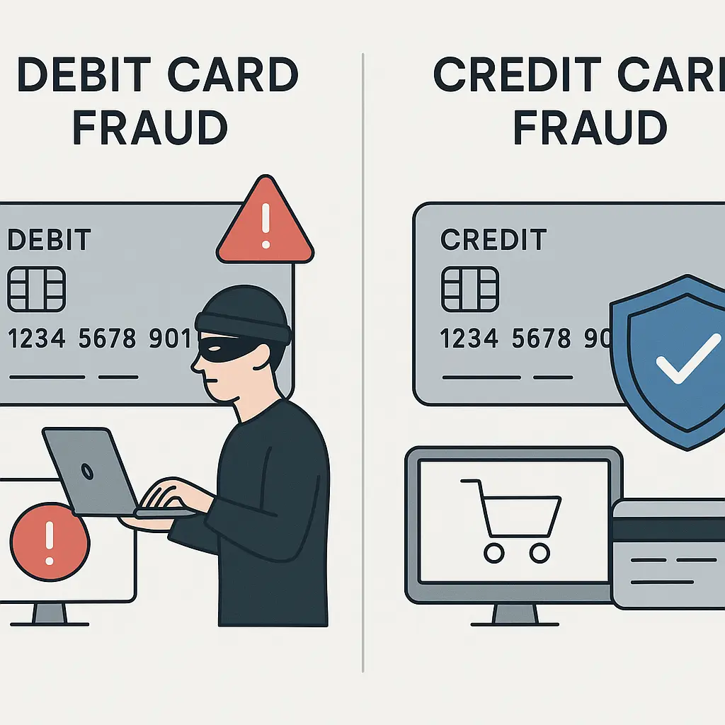 Two payment cards side by side, one marked 'debit' with a direct line to a bank account, the other marked 'credit' with a buffer layer between the card and the account
