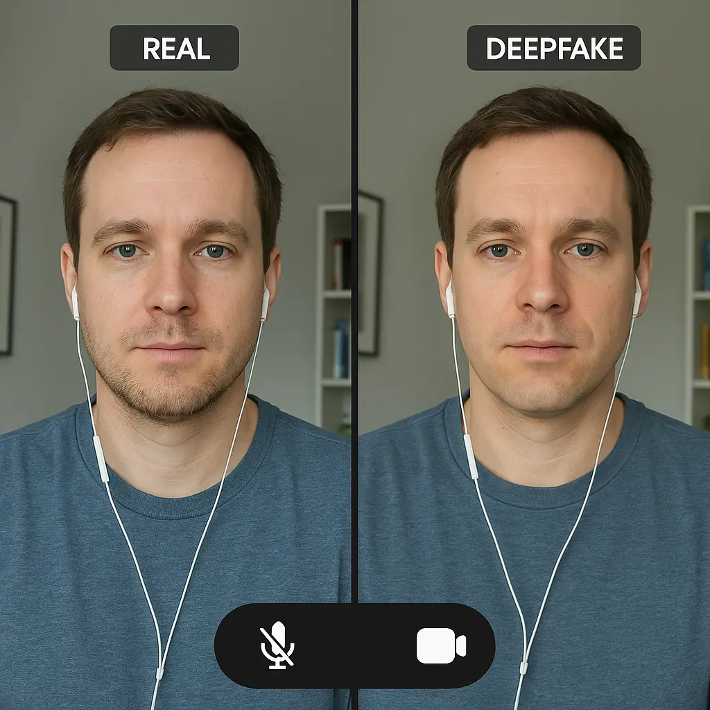 Split screen showing a genuine video call on one side and a deepfake recreation on the other, with subtle differences in lighting and facial movement