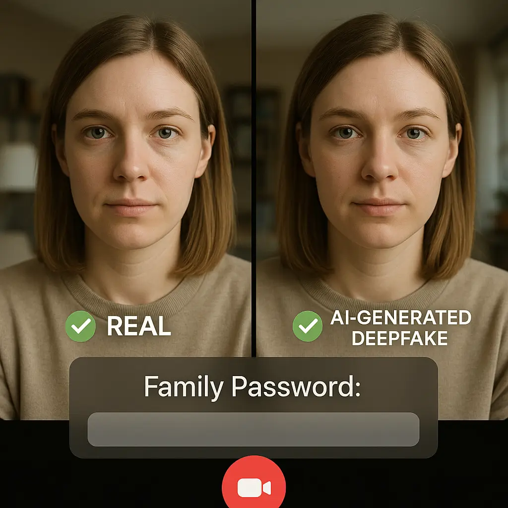 Family gathered around a phone, reviewing a shared password document together