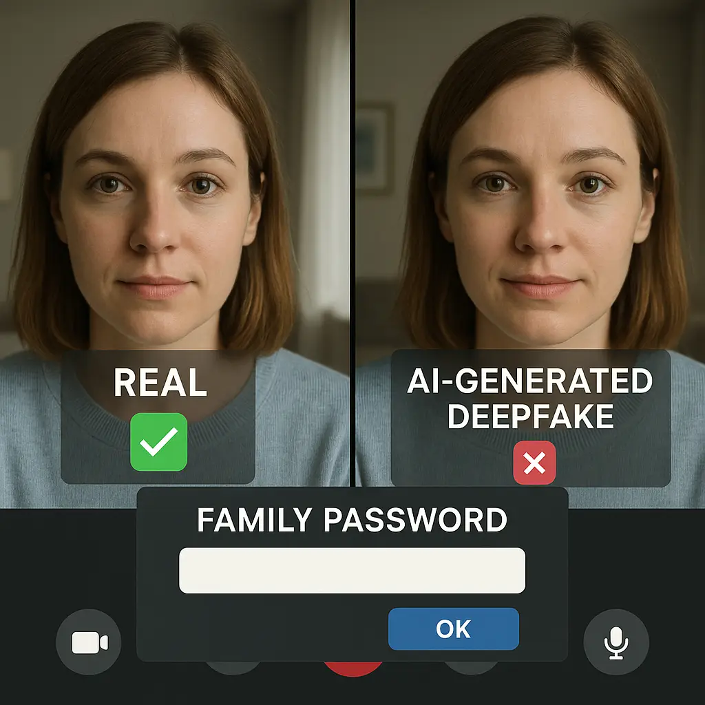 Split-screen video call showing identical faces, one real and one AI-generated, with verification steps overlaid