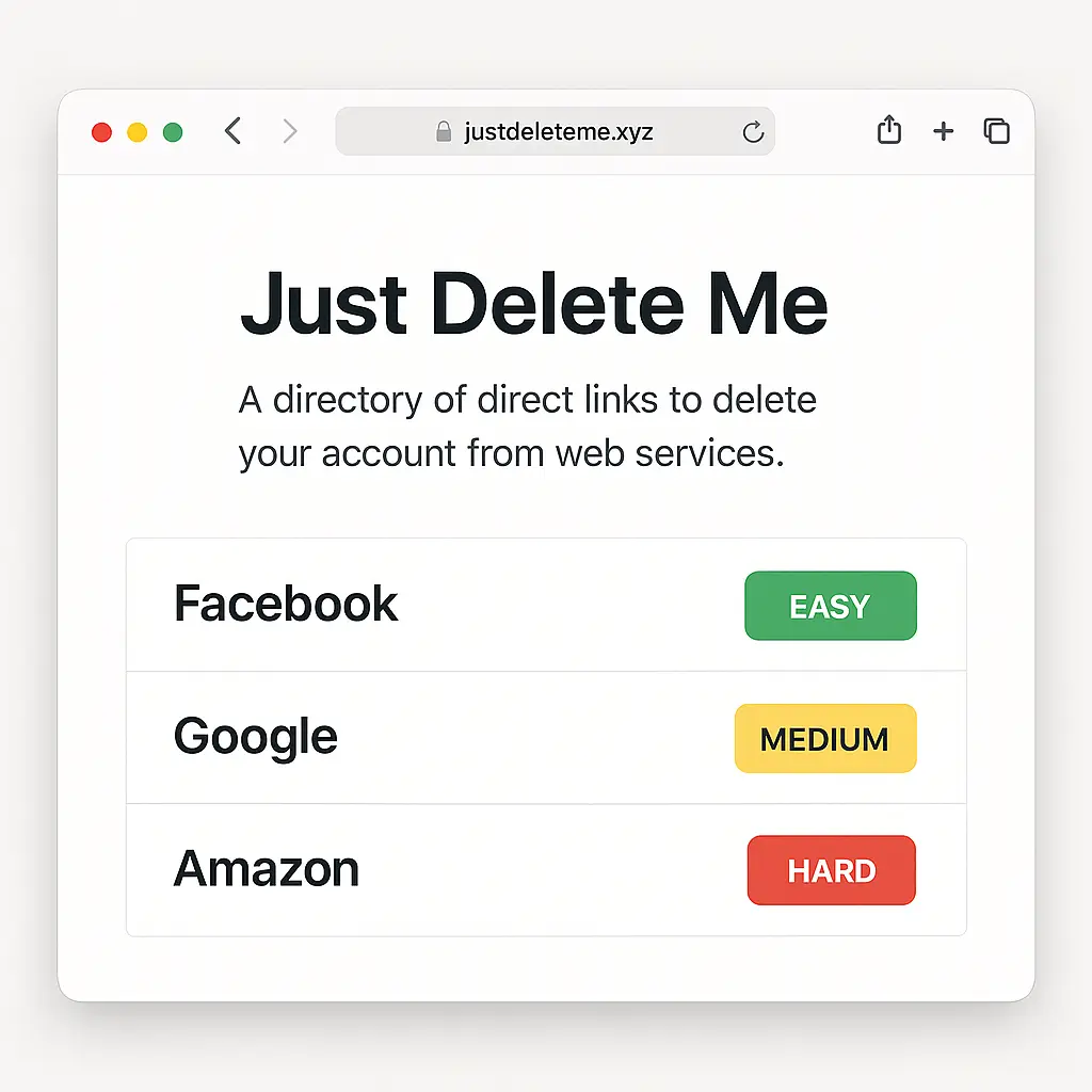Browser window showing Just Delete Me directory with color-coded difficulty ratings for deleting accounts across popular services