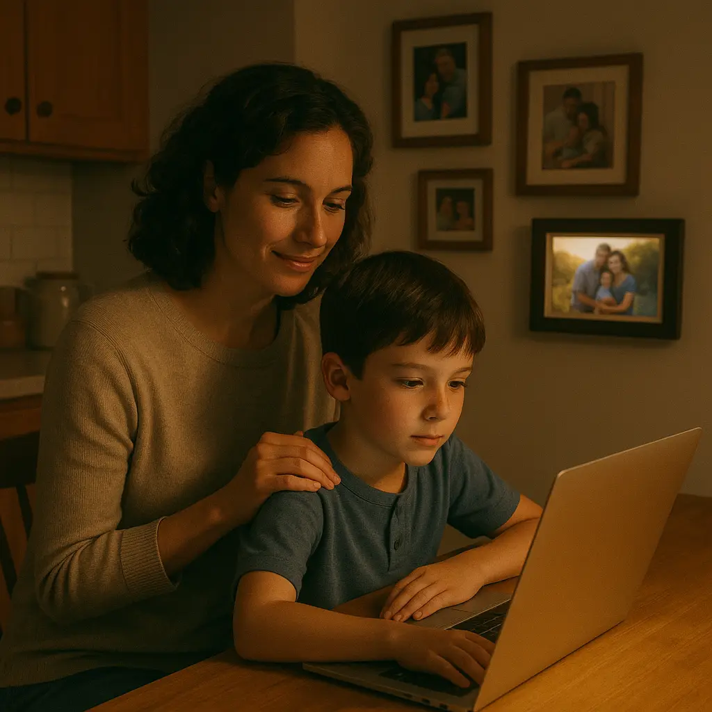 Family photo album next to a modern laptop, symbolizing the bridge between physical and digital memories
