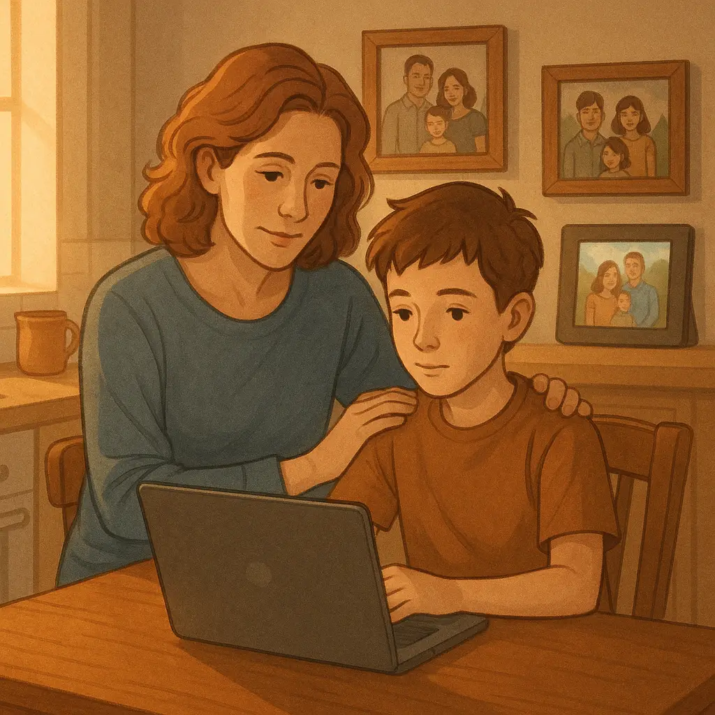 Parent and child looking at a laptop together, representing digital inheritance planning