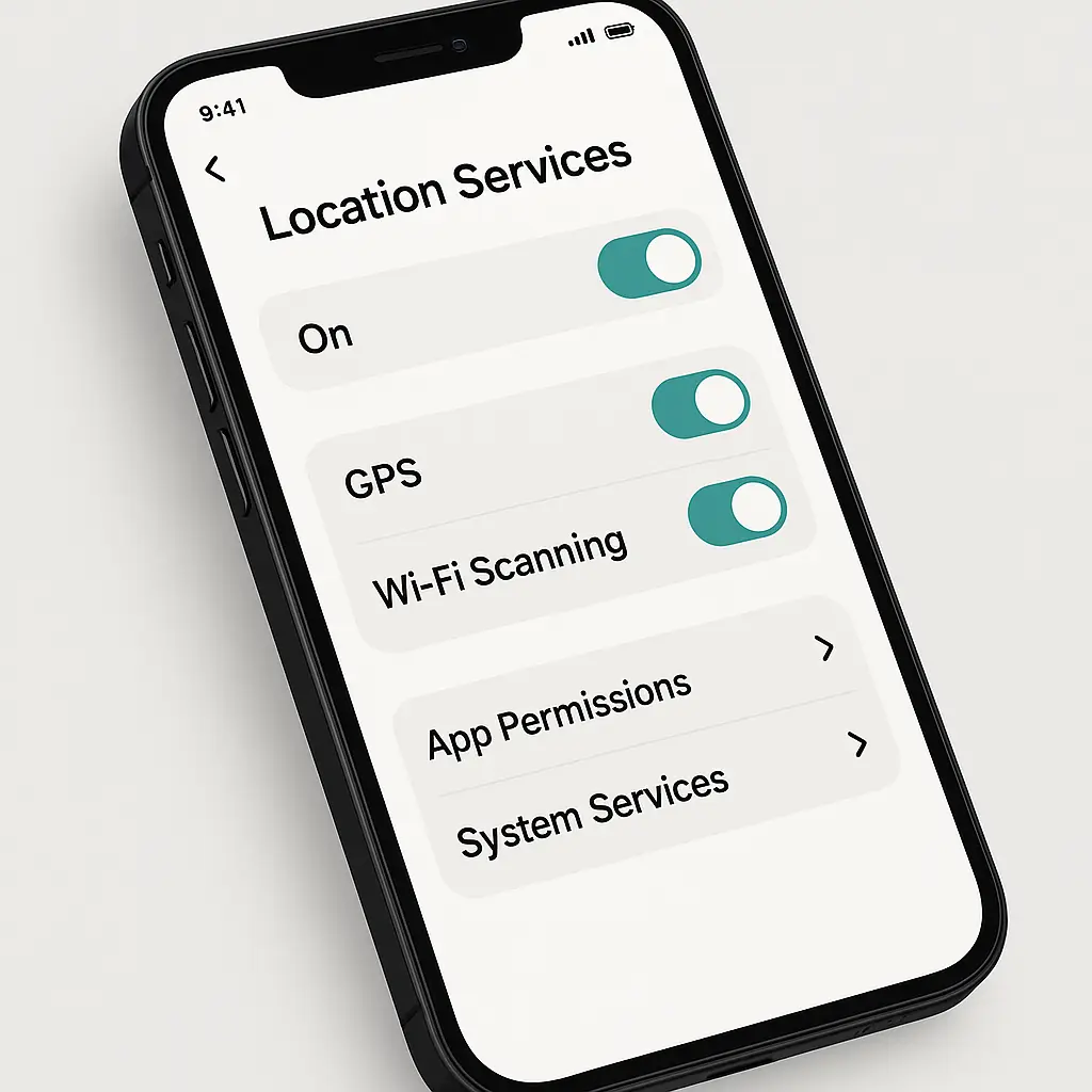 Phone settings showing disabled location tracking with selective app permissions