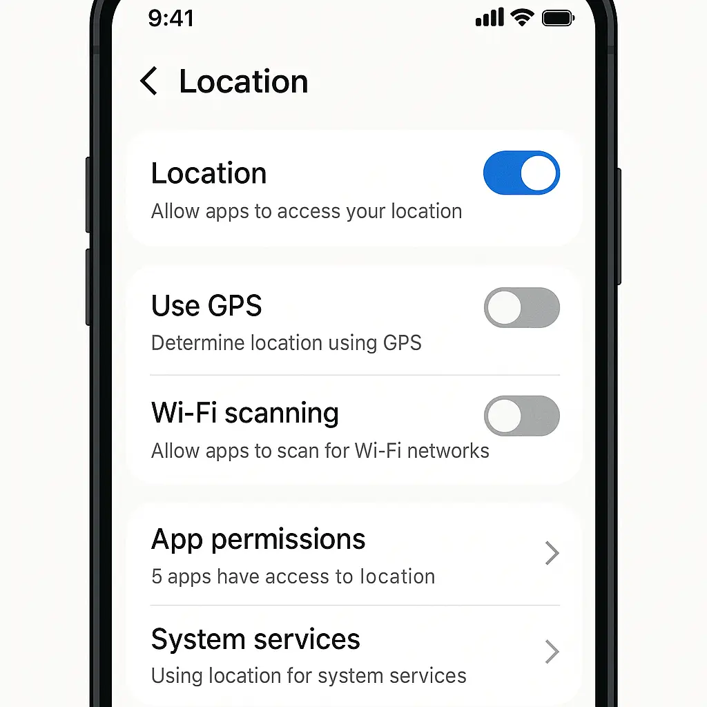 Smartphone screen displaying location services settings with toggles and permission controls