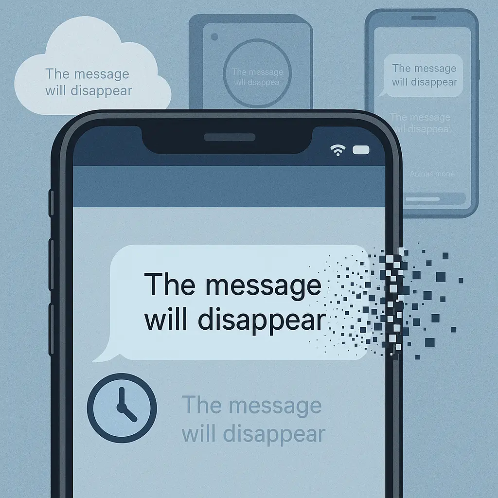 A smartphone screen showing a message fading into transparency, with ghost outlines of the same message appearing on backup servers and screenshot thumbnails in the background