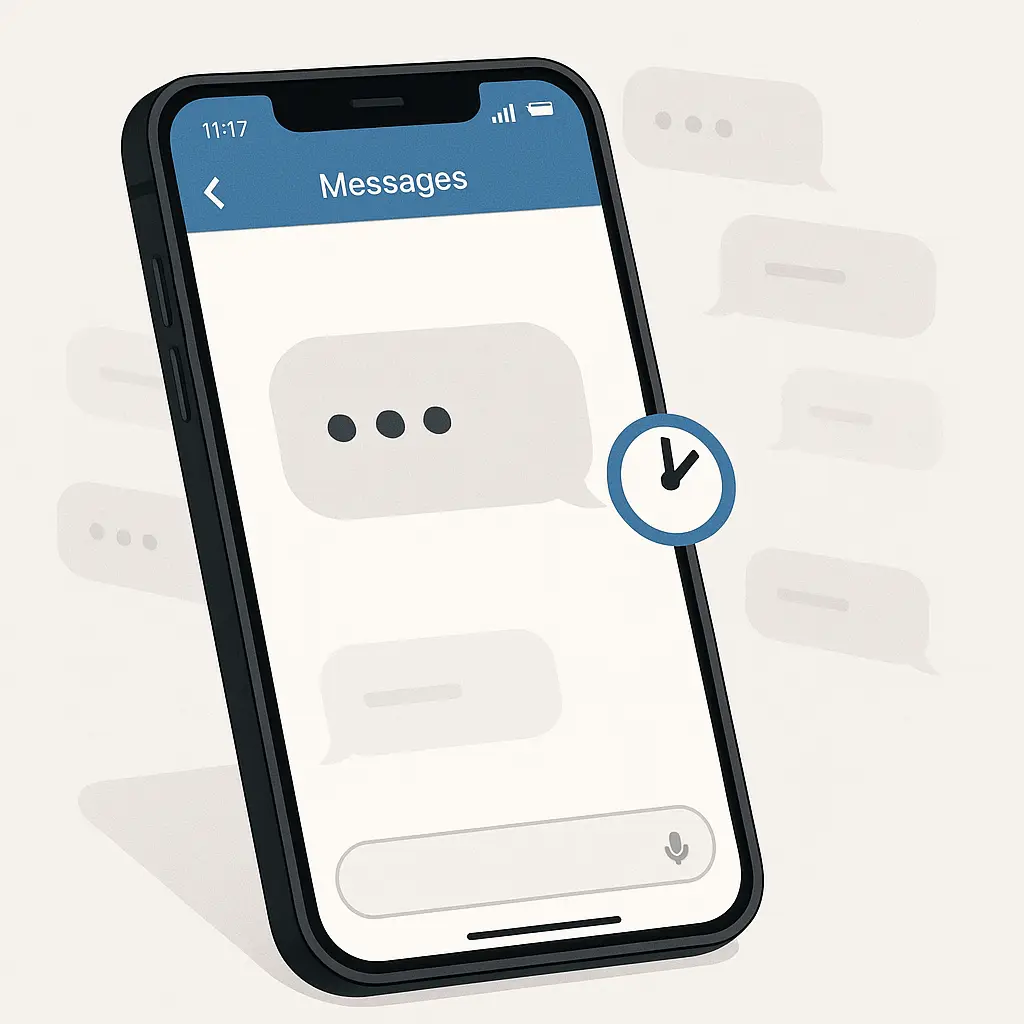 A timeline diagram showing message lifecycle: sent, read, timer expires, local deletion, with question marks over backup storage and screenshots