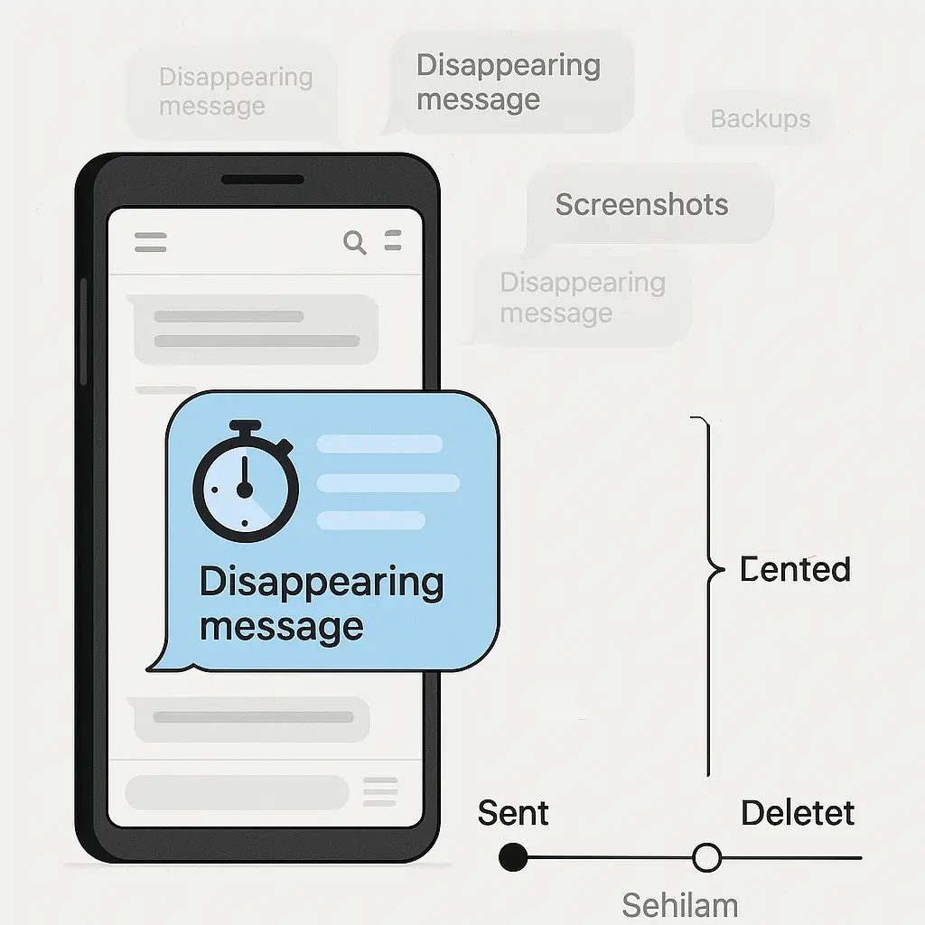 A smartphone screen showing a message timer counting down, with translucent copies of the same message floating in the background