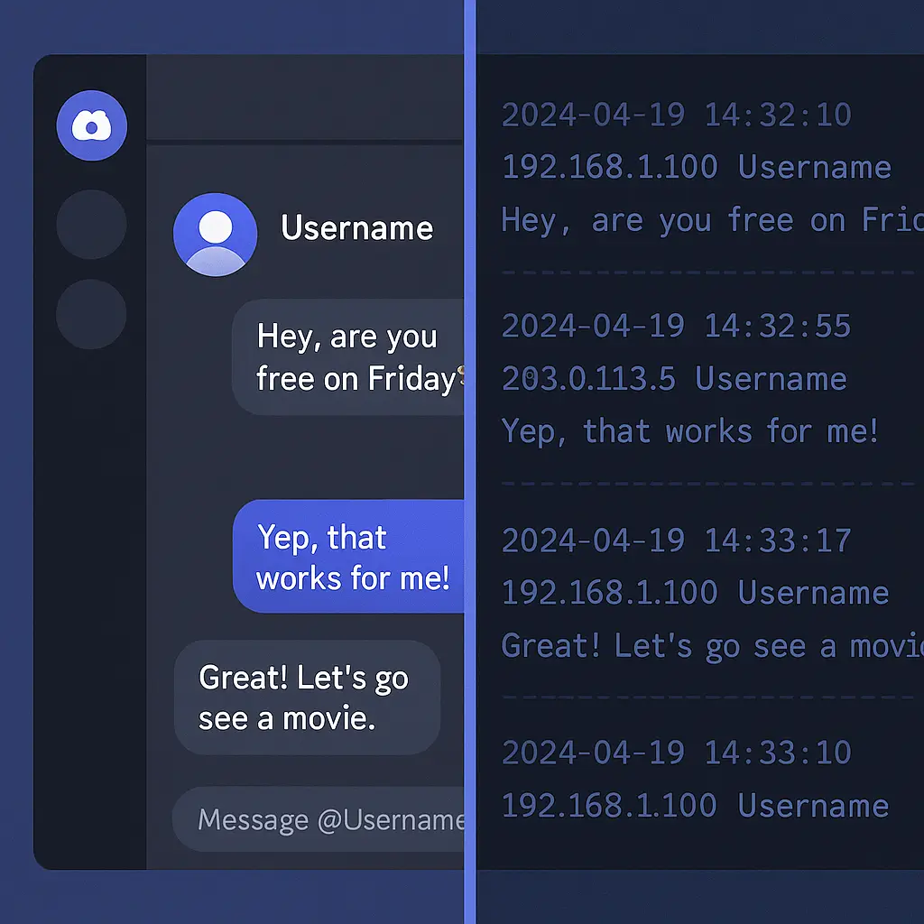 A split-screen view showing a Discord DM conversation on one side and server logs on the other