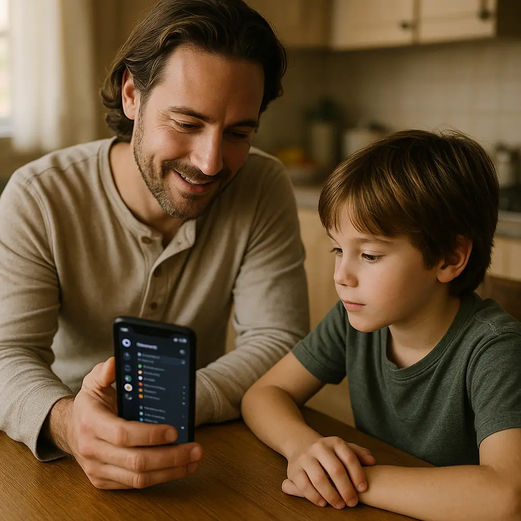 Parent and child looking at a phone screen together, discussing Discord settings in a calm, focused conversation