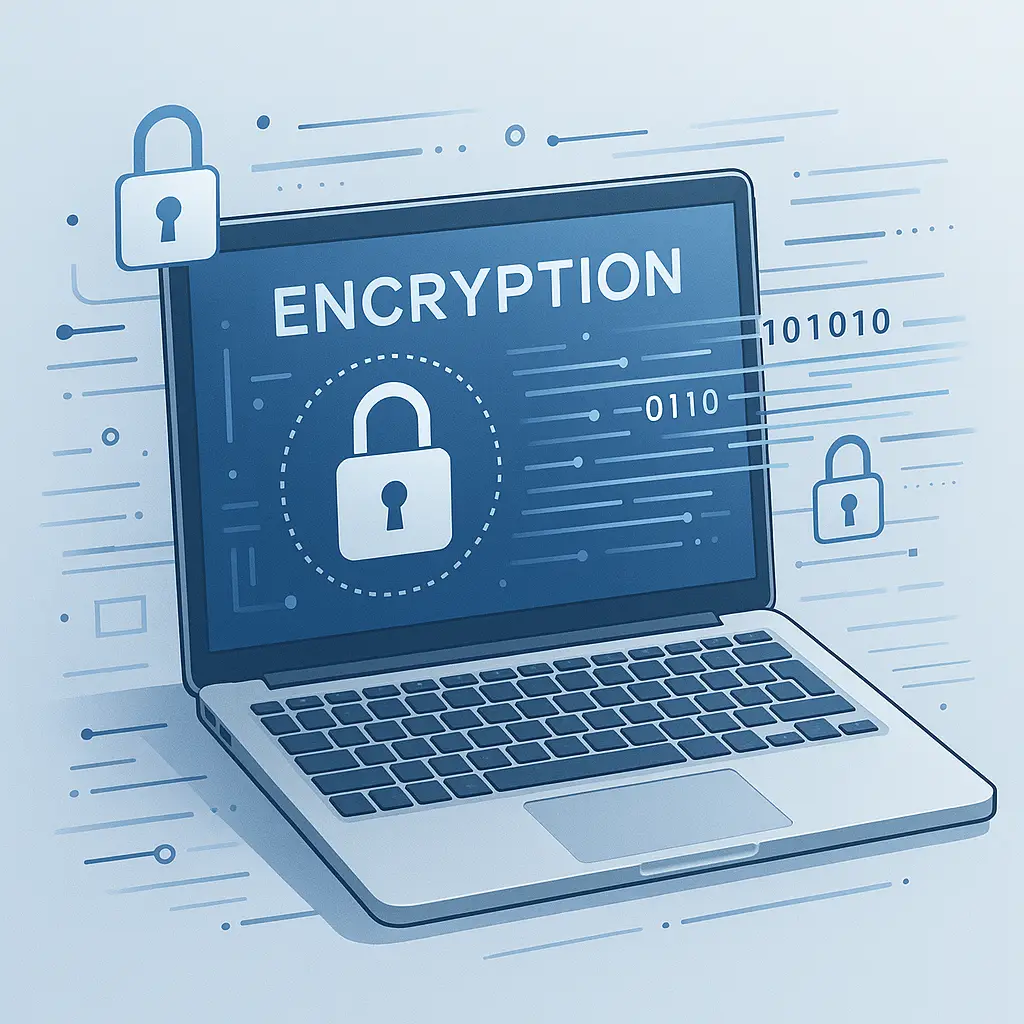 Stylized laptop with a glowing padlock overlay on the screen, representing encrypted storage