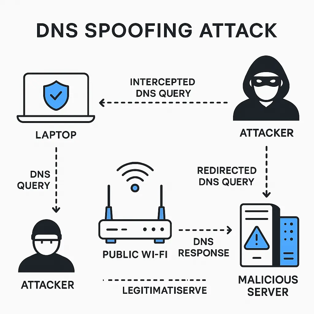 Network diagram showing DNS request interception between laptop and legitimate server
