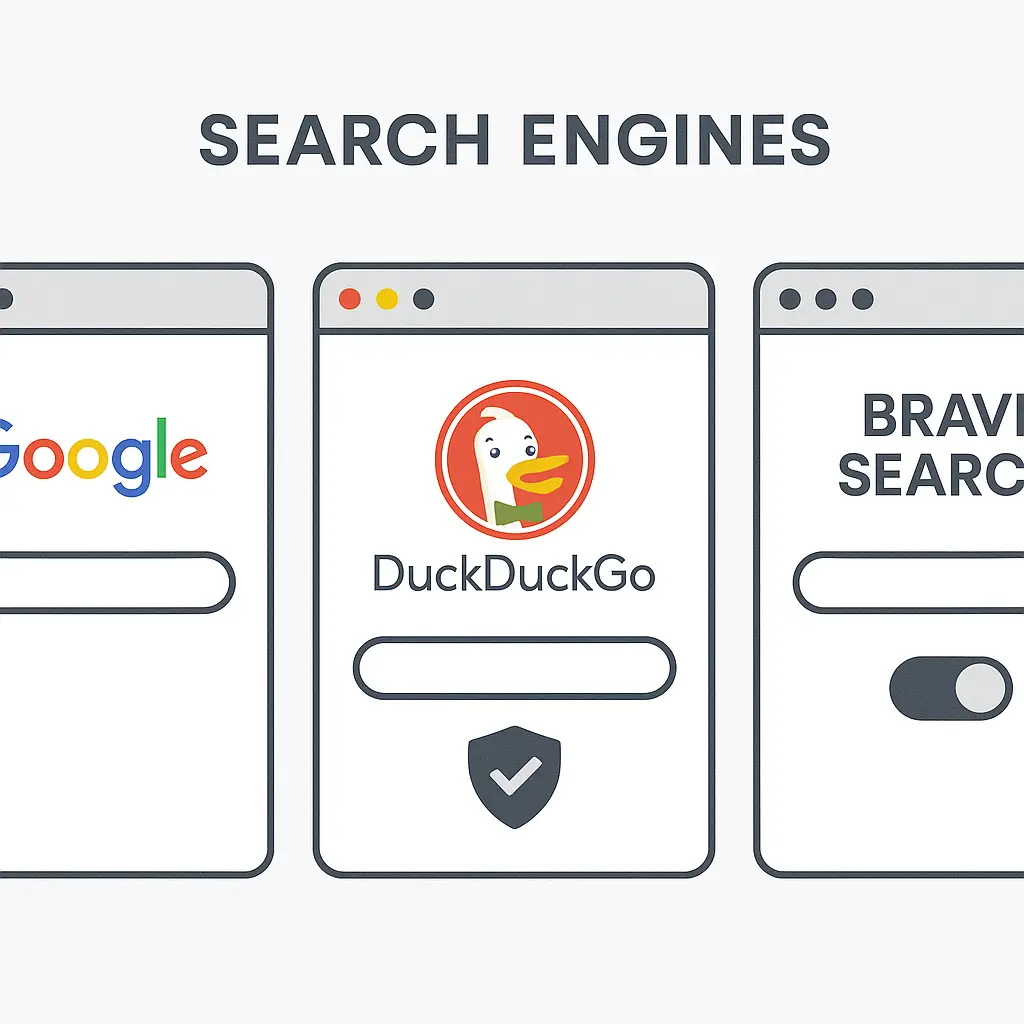 Three search engine logos side by side on a clean background, representing privacy-focused alternatives to Google