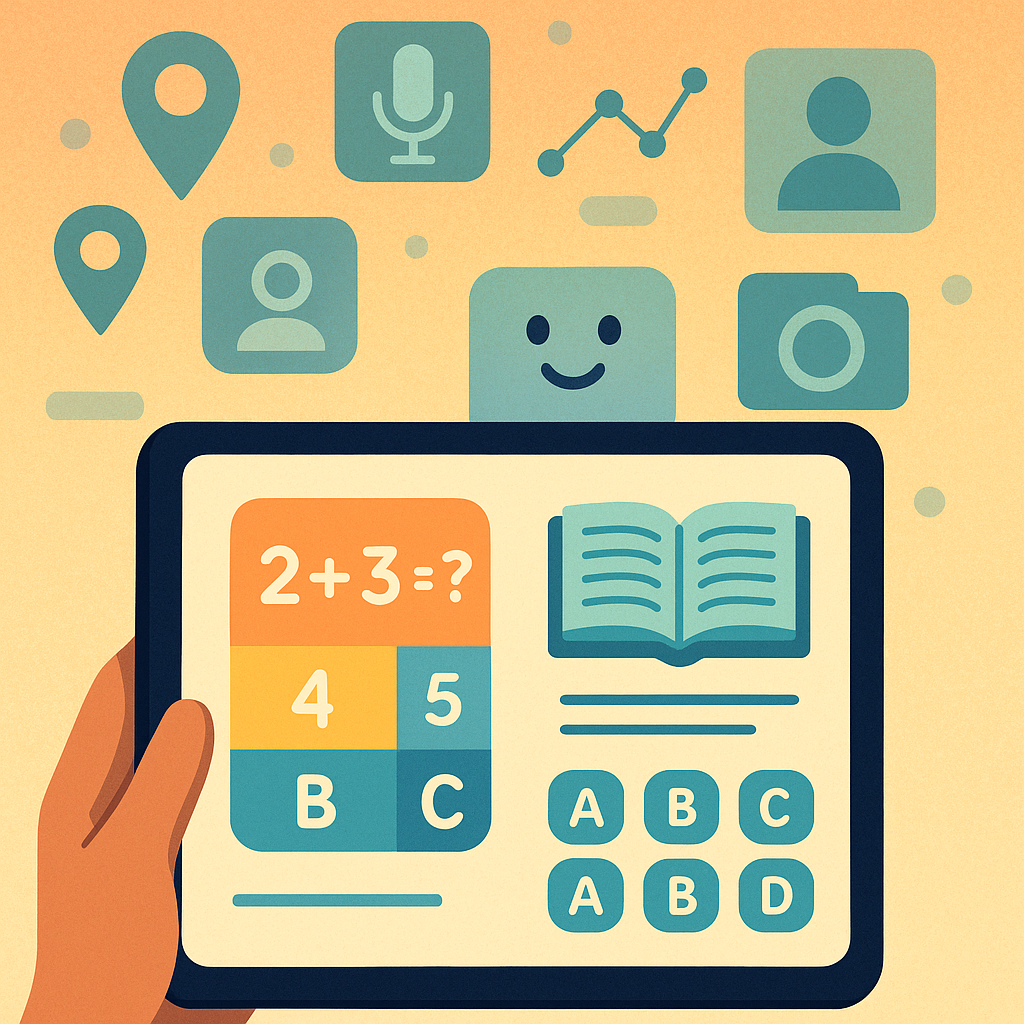 Illustration of a tablet displaying a colorful educational app interface with data collection icons floating above it