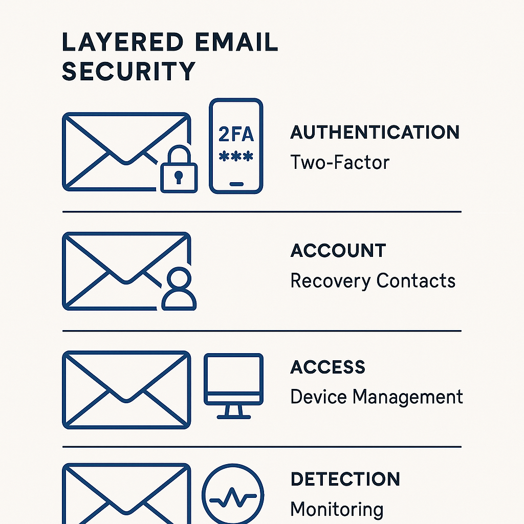Layered security controls protecting an email inbox from multiple attack vectors