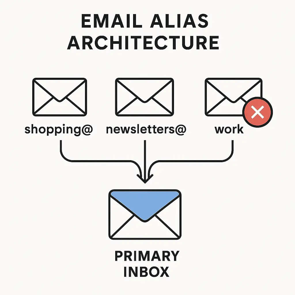 Diagram of email alias routing structure showing how disposable addresses protect the primary inbox from spam and tracking