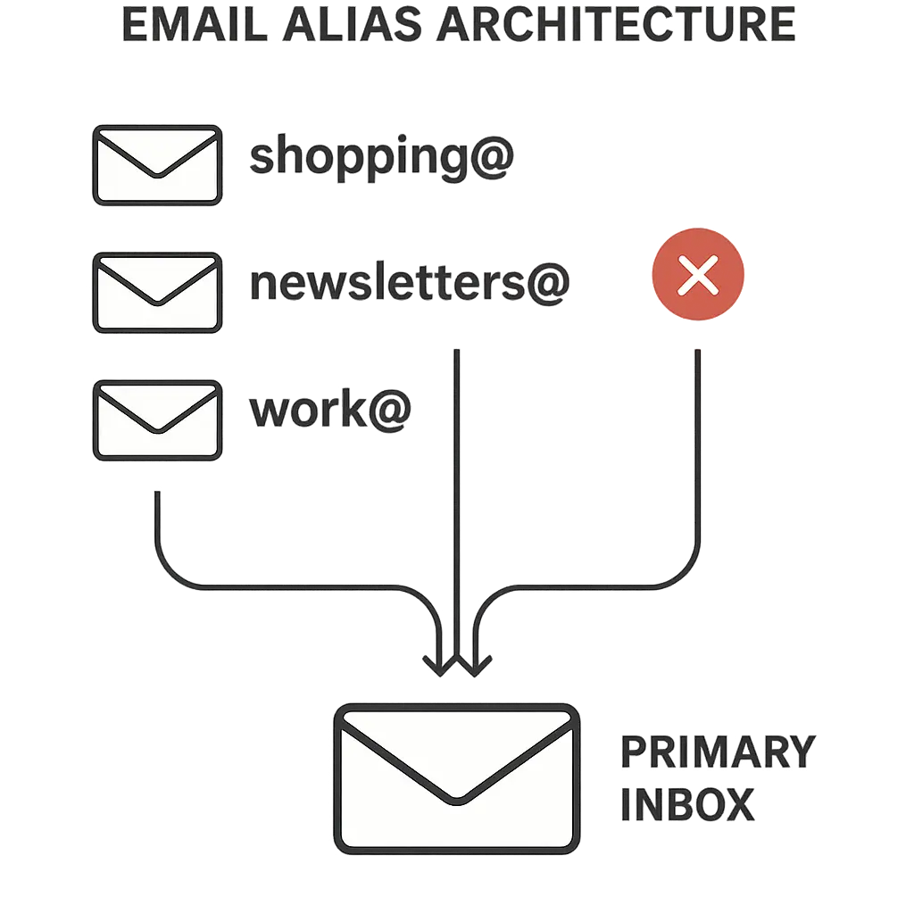 Illustration showing multiple email addresses flowing into a single inbox, with some addresses marked as compromised while the primary address remains protected