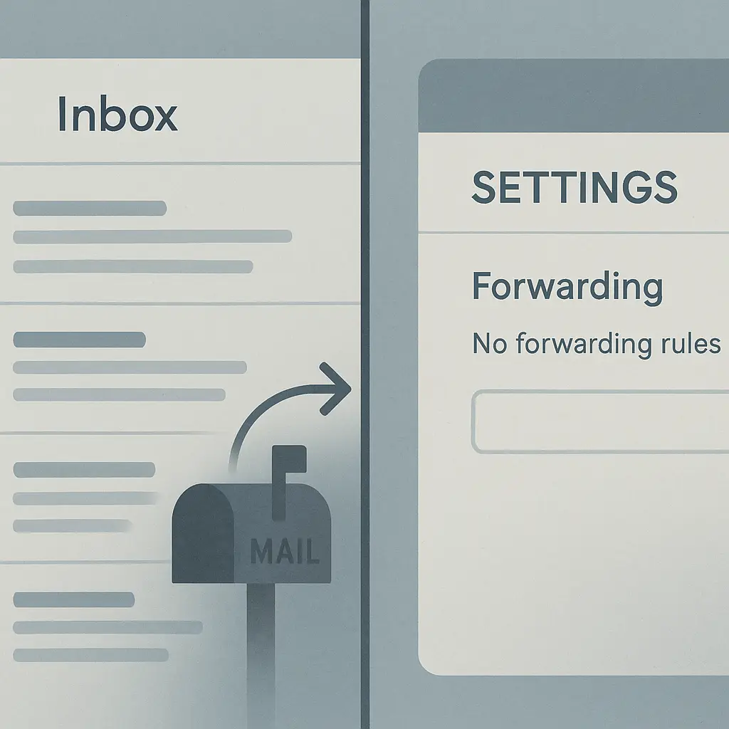 Clean email settings interface showing no active forwarding rules, representing a secure configuration