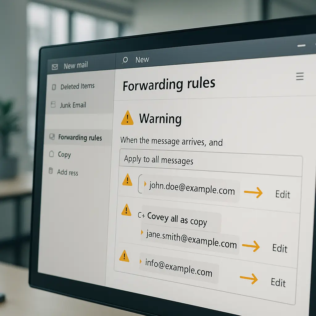 A clean workspace with a laptop displaying a logged-out email screen and a handwritten note listing personal contacts