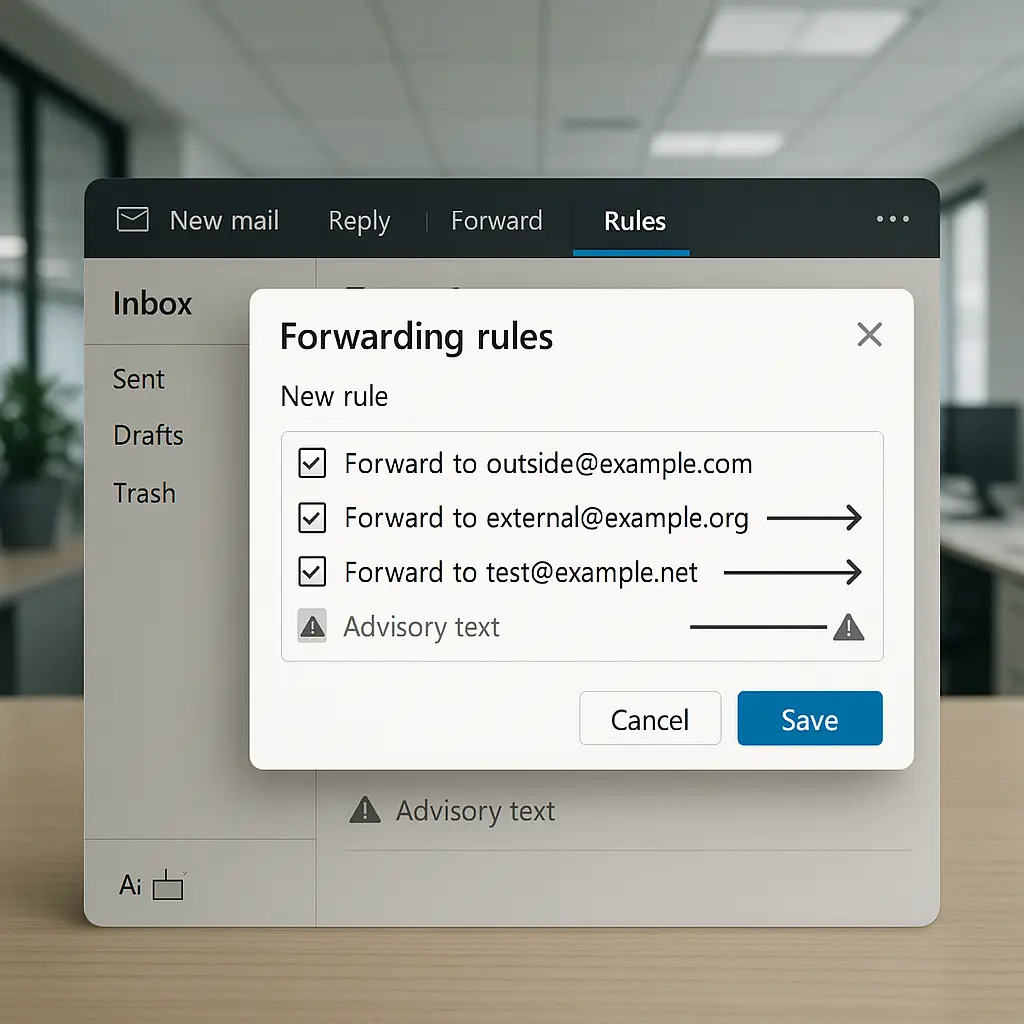 A corporate email inbox with forwarding rules highlighted, showing messages being copied to an external address