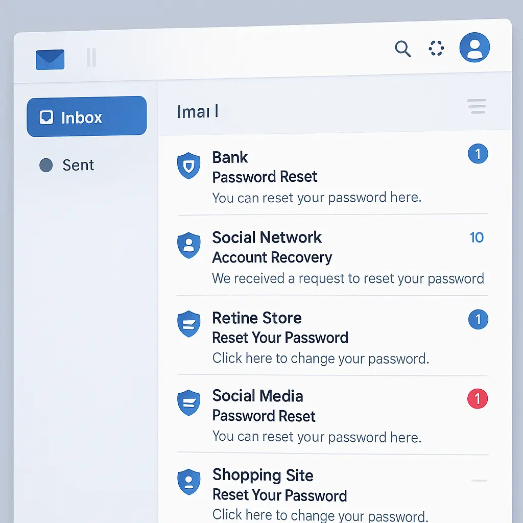 Layered security visualization showing email protected by strong password, two-factor authentication, and recovery options