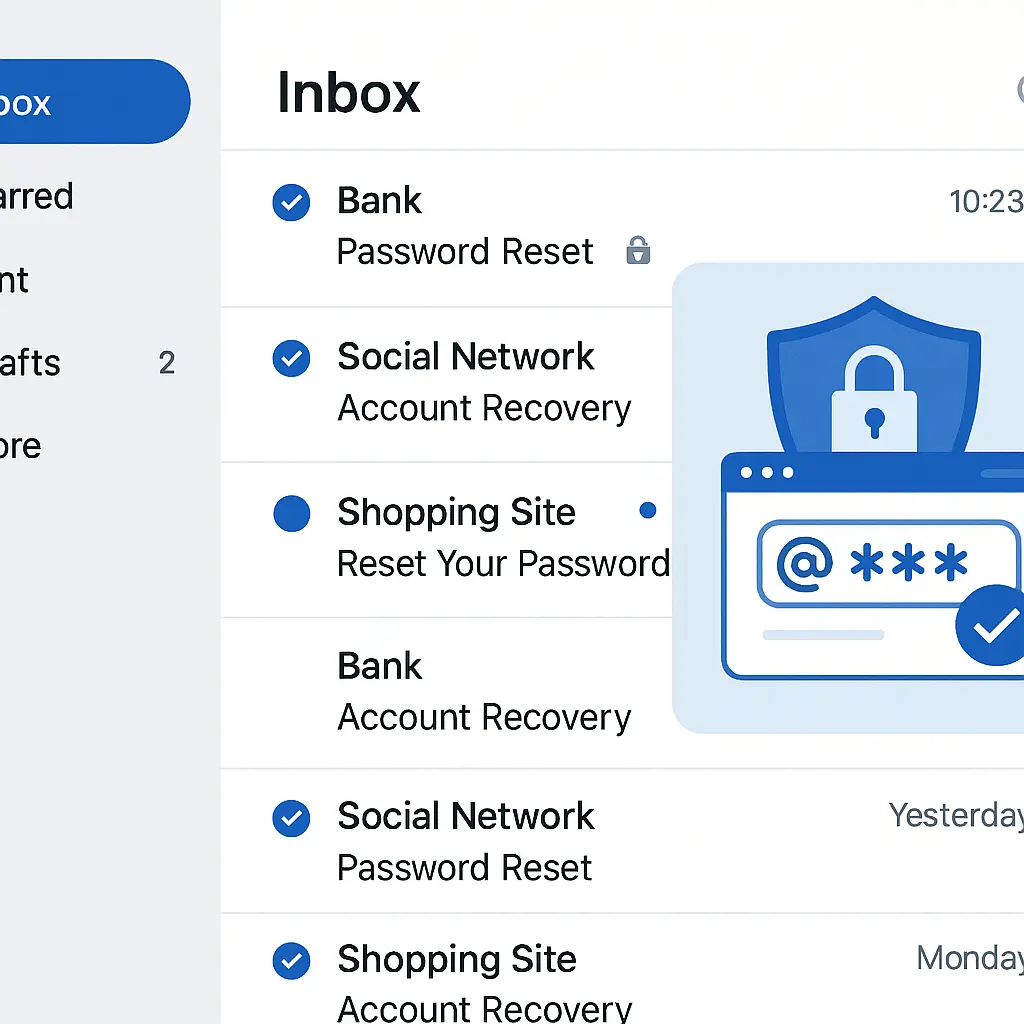 Inbox interface with password reset emails and account recovery notifications showing email's central role in account access