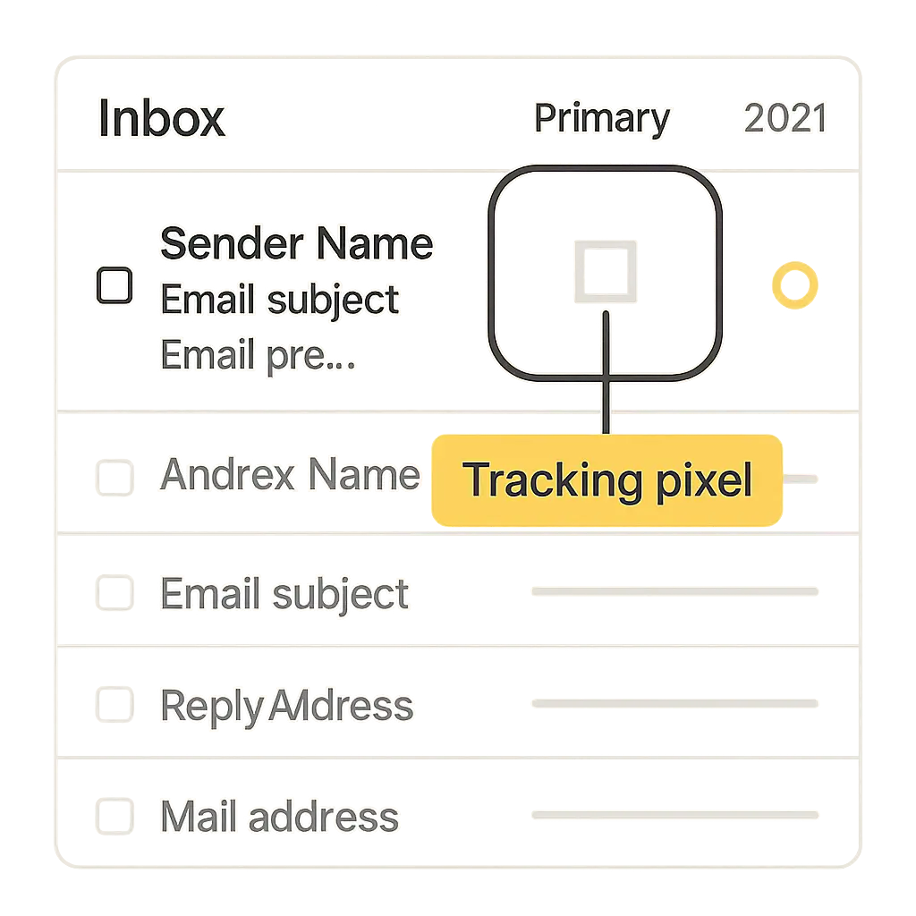 Email inbox interface with tracking pixel indicators highlighted